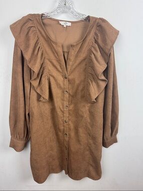 entro Brown Ruffle Front Button Long Sleeve Dress